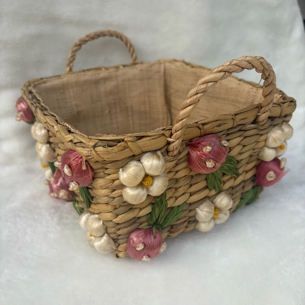 Vintage Handmade Straw Basket w/ Strawberry & Floral with Raffia Trim Handles